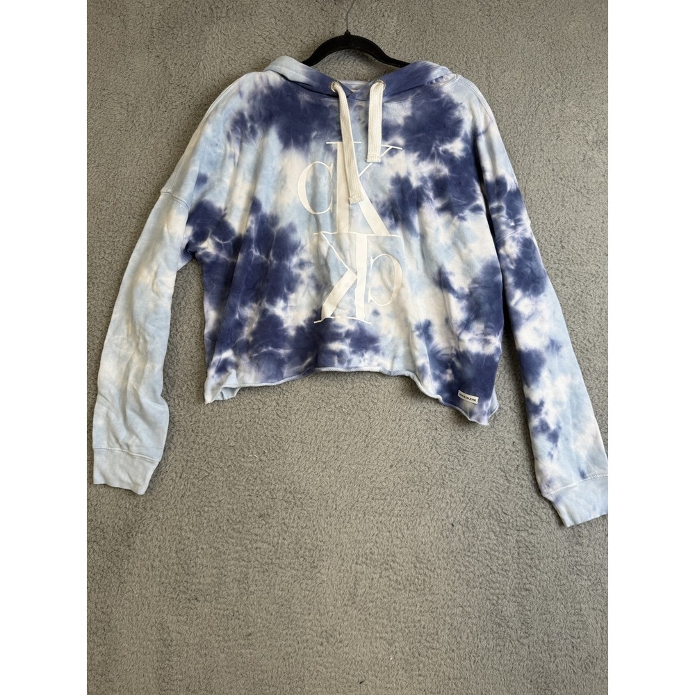 Calvin Klein Jeans Hoodie Womens Medium Blue White Tie Dye Cropped Pullover Logo